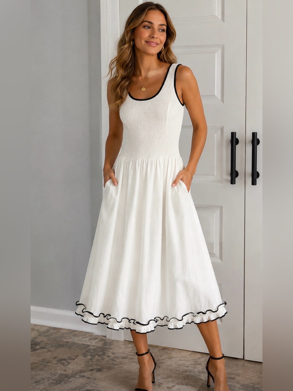 Endless Rose White Midi Dress with Black Trim